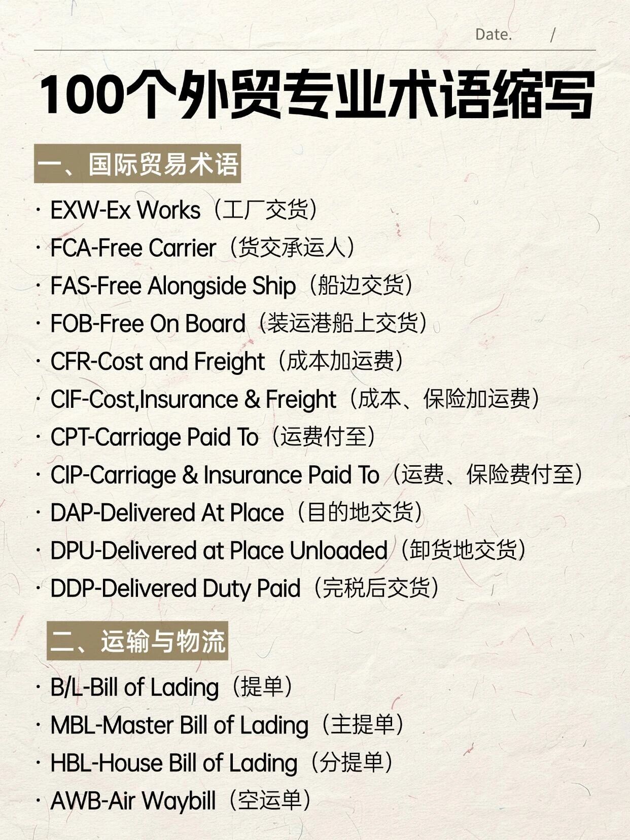 100个外贸常用专业术语缩写汇总