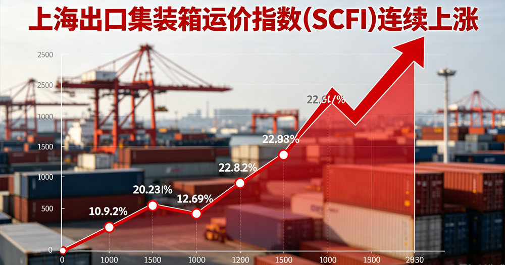 SCFI七连涨再冲高！欧线周飙17.6%至3064刀 美西突破5100美元/FEU